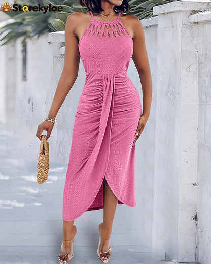 Halter Tie Criss Cross Front Knit Jacquard Textured Slit Dress Casual Hollow-out Draped Vacation Dress