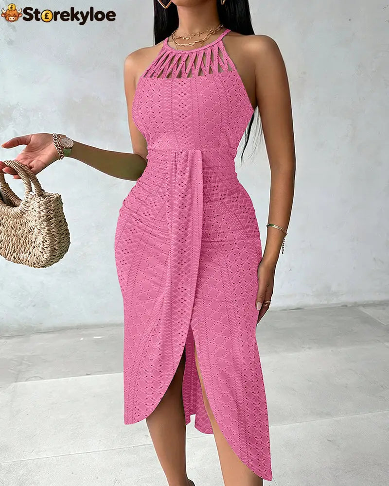 Halter Tie Criss Cross Front Knit Jacquard Textured Slit Dress Casual Hollow-out Draped Vacation Dress