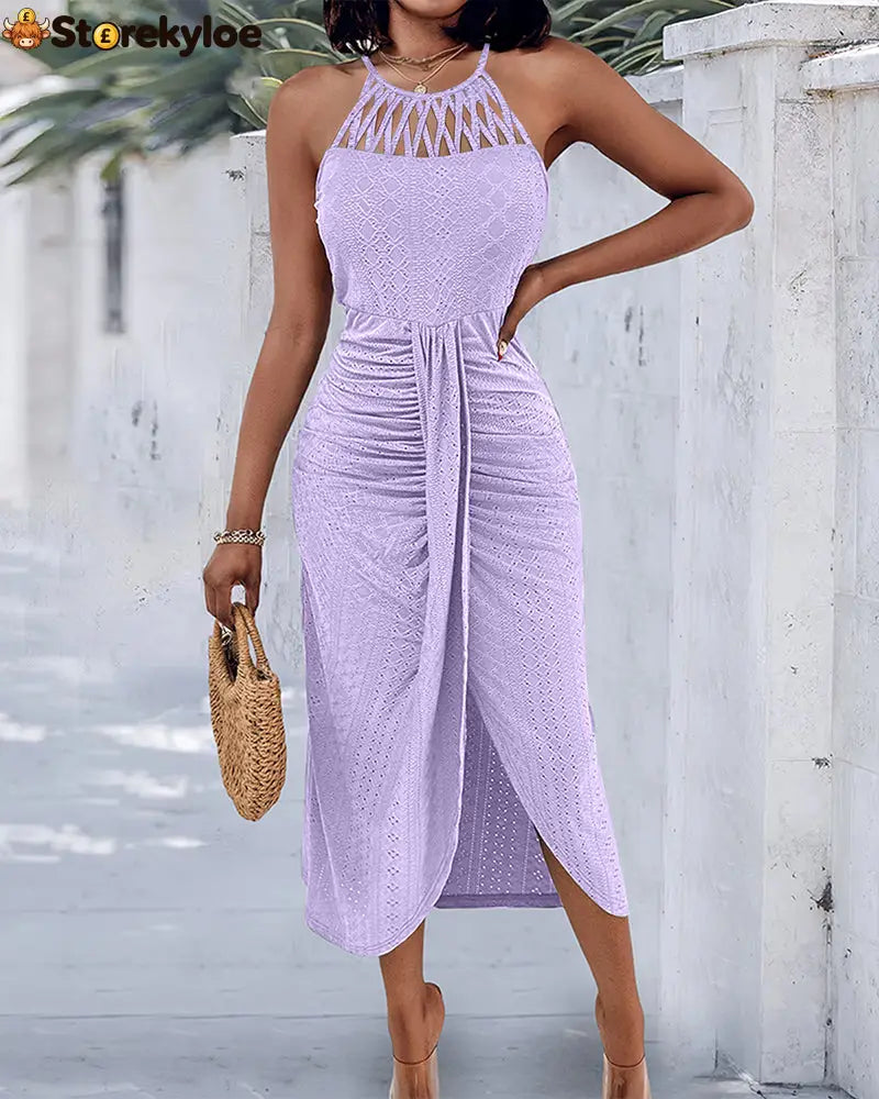 Halter Tie Criss Cross Front Knit Jacquard Textured Slit Dress Casual Hollow-out Draped Vacation Dress
