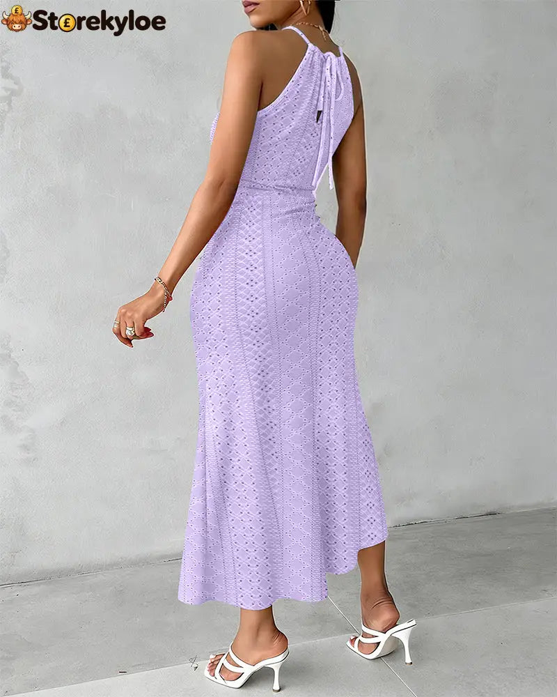 Halter Tie Criss Cross Front Knit Jacquard Textured Slit Dress Casual Hollow-out Draped Vacation Dress