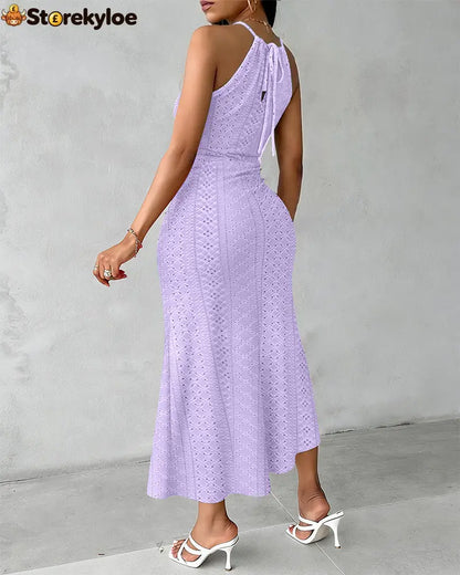 Halter Tie Criss Cross Front Knit Jacquard Textured Slit Dress Casual Hollow-out Draped Vacation Dress