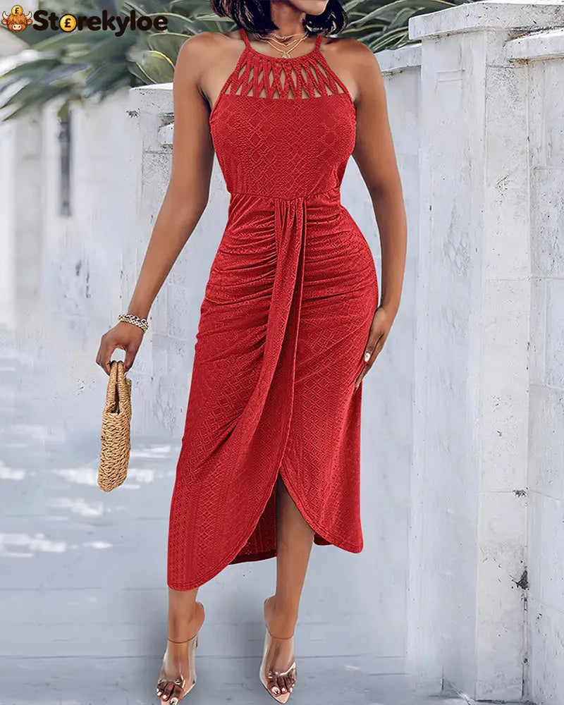 Halter Tie Criss Cross Front Knit Jacquard Textured Slit Dress Casual Hollow-out Draped Vacation Dress