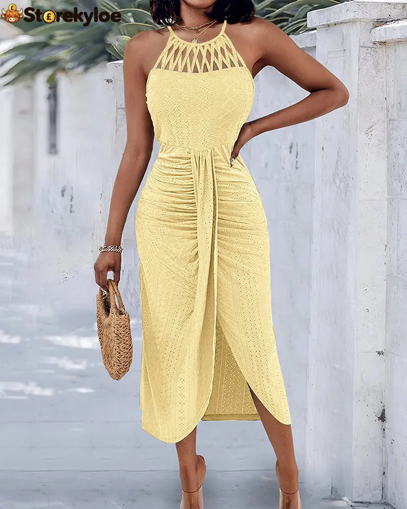 Halter Tie Criss Cross Front Knit Jacquard Textured Slit Dress Casual Hollow-out Draped Vacation Dress