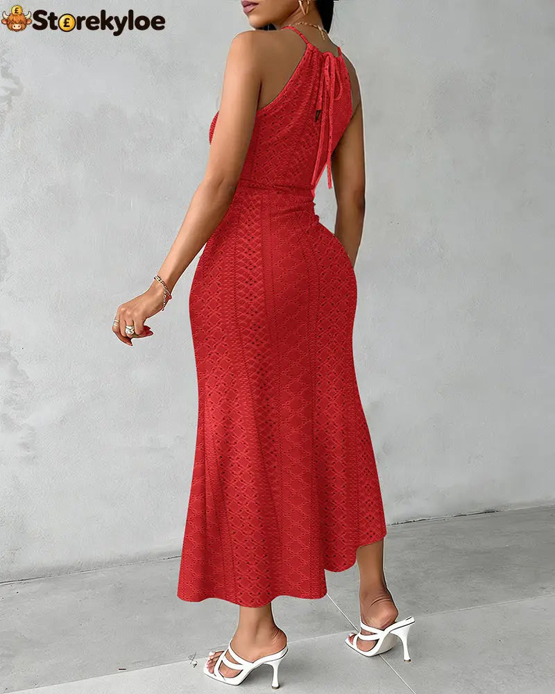 Halter Tie Criss Cross Front Knit Jacquard Textured Slit Dress Casual Hollow-out Draped Vacation Dress