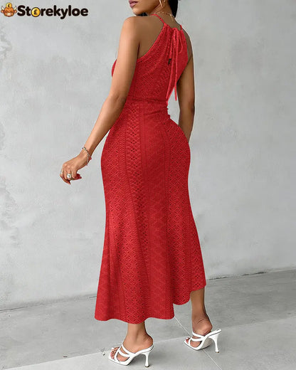 Halter Tie Criss Cross Front Knit Jacquard Textured Slit Dress Casual Hollow-out Draped Vacation Dress