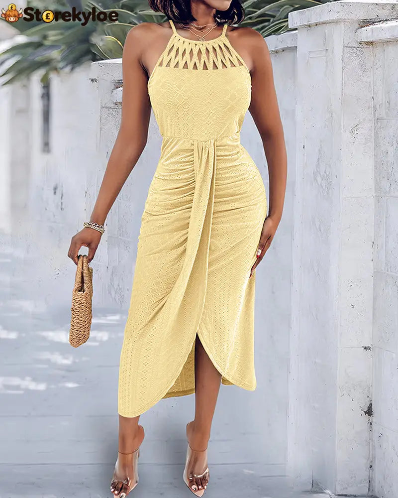 Halter Tie Criss Cross Front Knit Jacquard Textured Slit Dress Casual Hollow-out Draped Vacation Dress