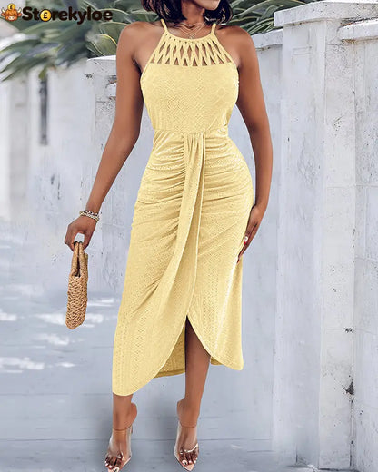 Halter Tie Criss Cross Front Knit Jacquard Textured Slit Dress Casual Hollow-out Draped Vacation Dress