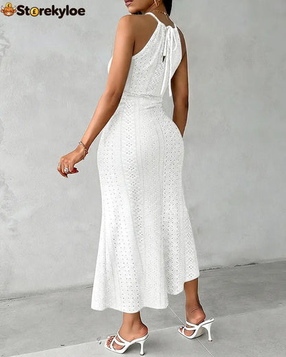 Halter Tie Criss Cross Front Knit Jacquard Textured Slit Dress Casual Hollow-out Draped Vacation Dress