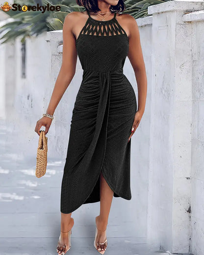 Halter Tie Criss Cross Front Knit Jacquard Textured Slit Dress Casual Hollow-out Draped Vacation Dress