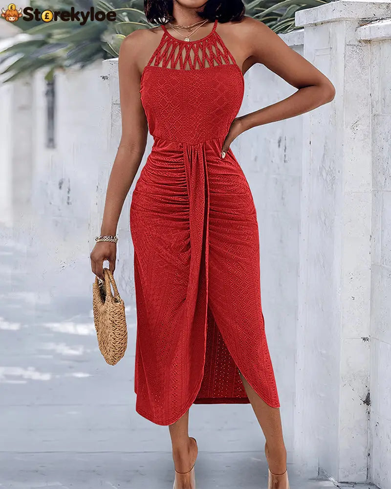 Halter Tie Criss Cross Front Knit Jacquard Textured Slit Dress Casual Hollow-out Draped Vacation Dress