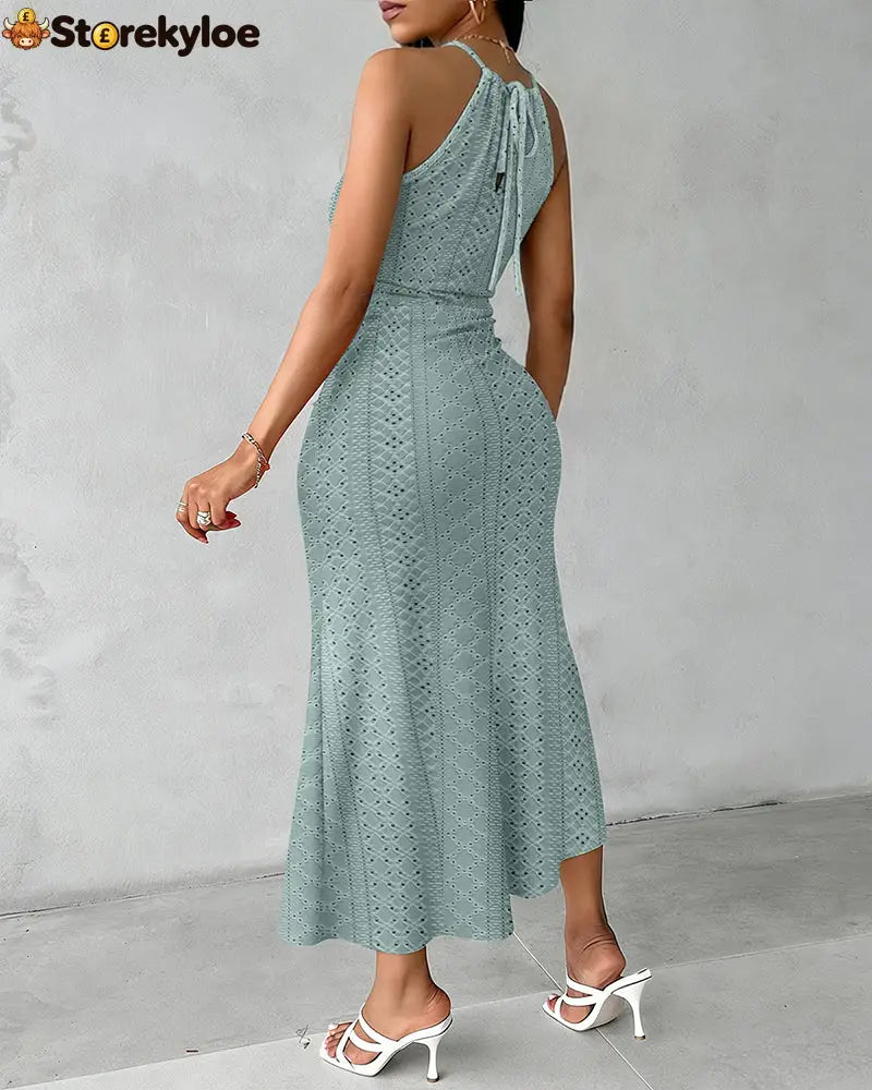 Halter Tie Criss Cross Front Knit Jacquard Textured Slit Dress Casual Hollow-out Draped Vacation Dress