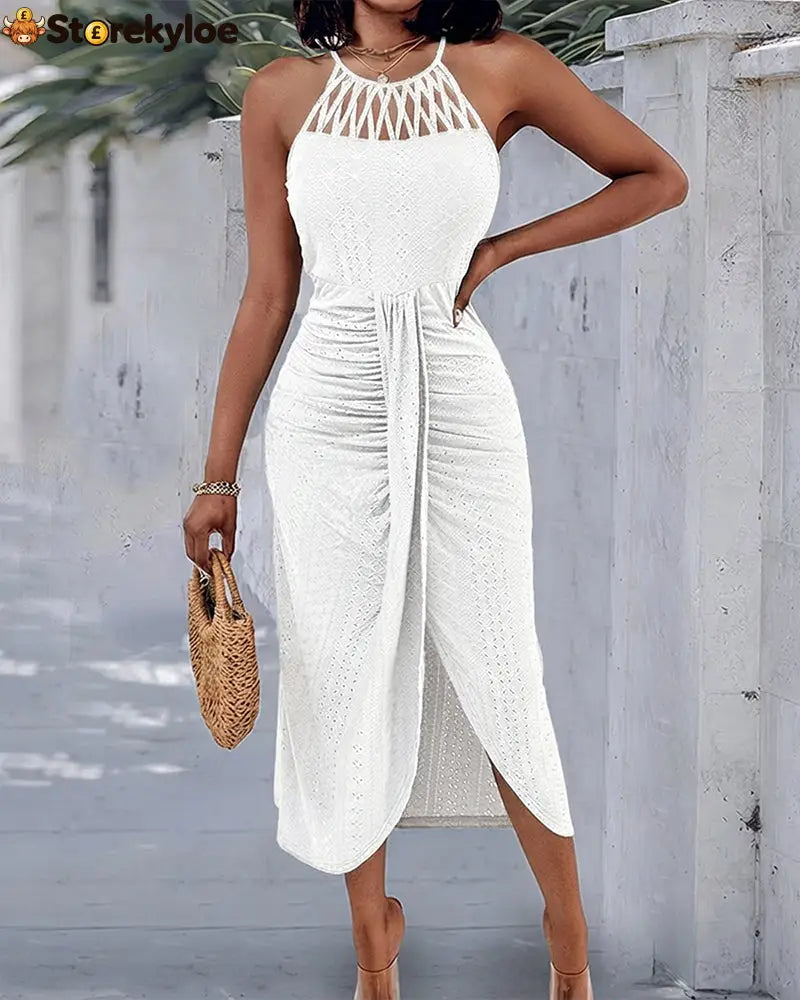 Halter Tie Criss Cross Front Knit Jacquard Textured Slit Dress Casual Hollow-out Draped Vacation Dress