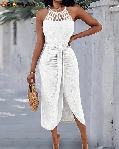 Halter Tie Criss Cross Front Knit Jacquard Textured Slit Dress Casual Hollow-out Draped Vacation Dress