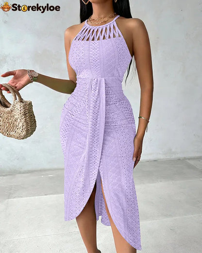 Halter Tie Criss Cross Front Knit Jacquard Textured Slit Dress Casual Hollow-out Draped Vacation Dress