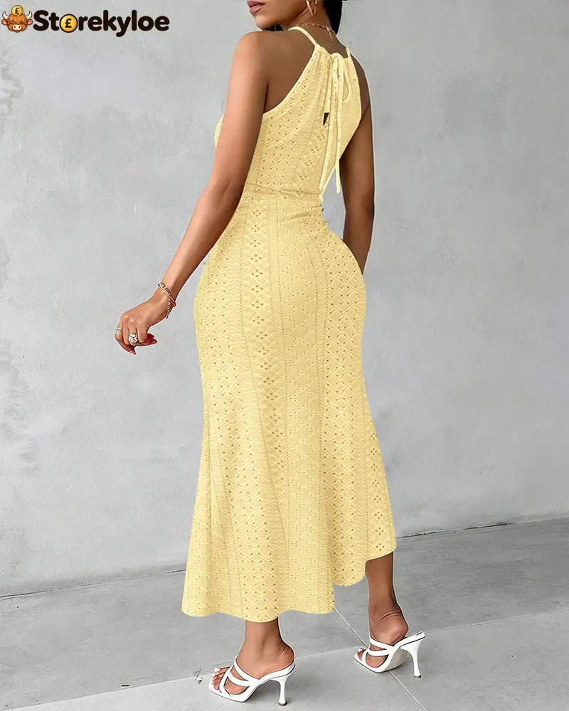 Halter Tie Criss Cross Front Knit Jacquard Textured Slit Dress Casual Hollow-out Draped Vacation Dress