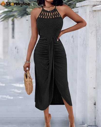 Halter Tie Criss Cross Front Knit Jacquard Textured Slit Dress Casual Hollow-out Draped Vacation Dress