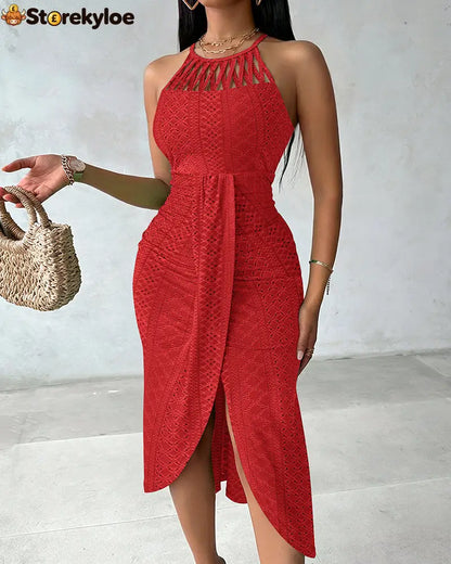 Halter Tie Criss Cross Front Knit Jacquard Textured Slit Dress Casual Hollow-out Draped Vacation Dress