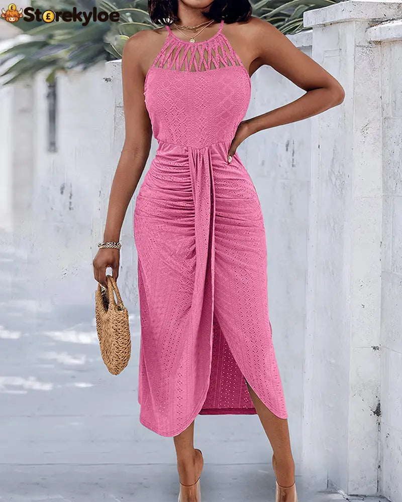 Halter Tie Criss Cross Front Knit Jacquard Textured Slit Dress Casual Hollow-out Draped Vacation Dress