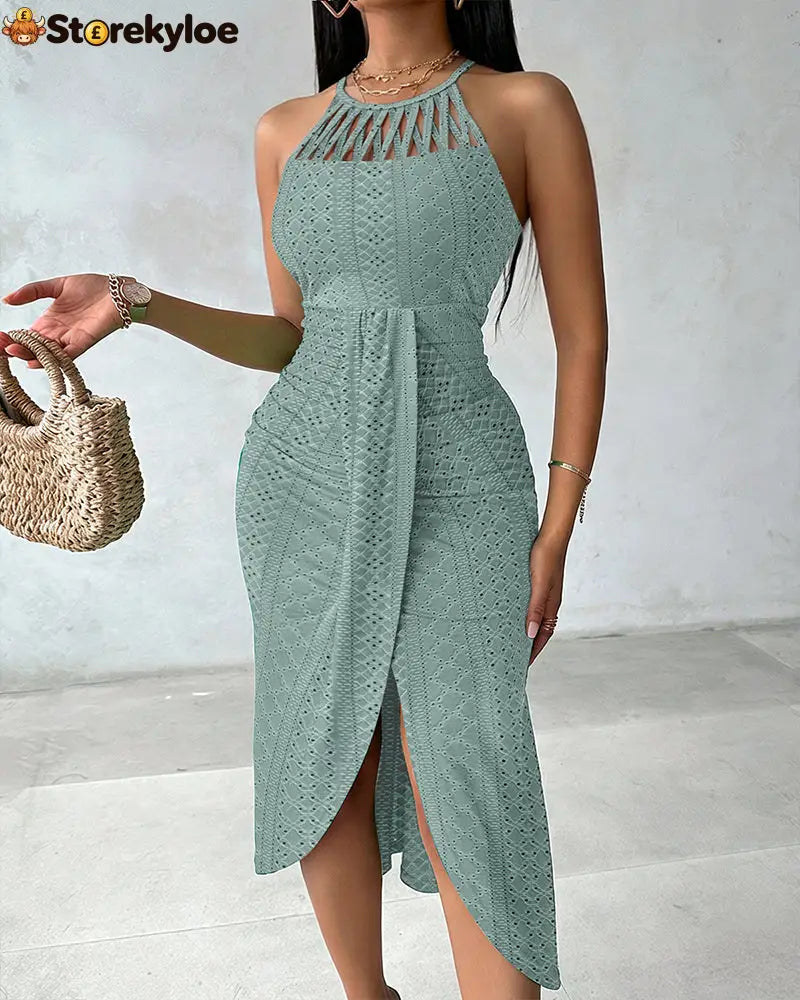 Halter Tie Criss Cross Front Knit Jacquard Textured Slit Dress Casual Hollow-out Draped Vacation Dress