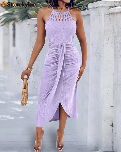 Halter Tie Criss Cross Front Knit Jacquard Textured Slit Dress Casual Hollow-out Draped Vacation Dress
