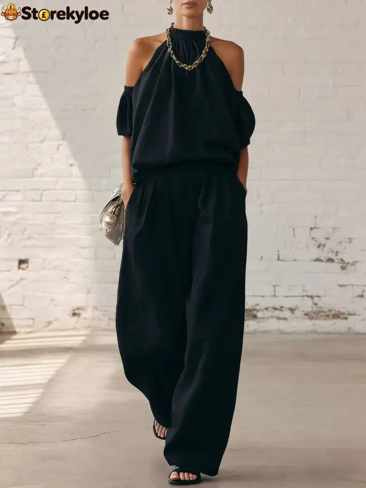 Halter Top & Wide Leg Pants 2-Piece Set | Ultimate Comfort & Style - Black / XS