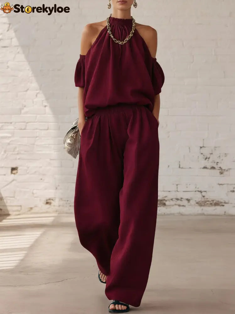 Halter Top & Wide Leg Pants 2-Piece Set | Ultimate Comfort & Style - Burgundy / XS
