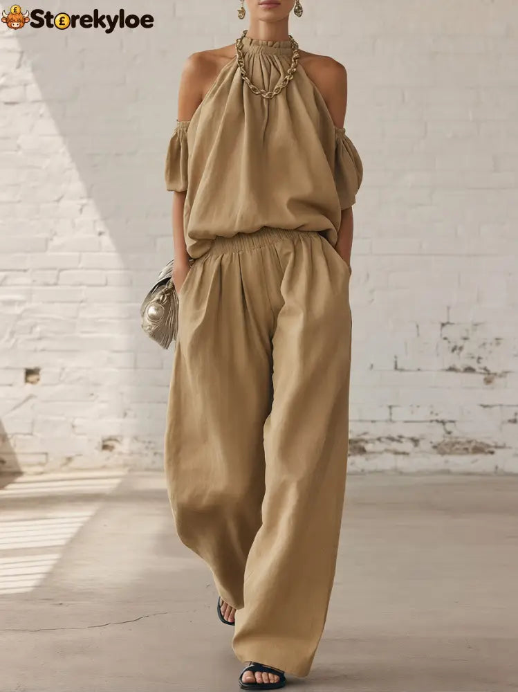 Halter Top & Wide Leg Pants 2-Piece Set | Ultimate Comfort & Style - Khaki / XS