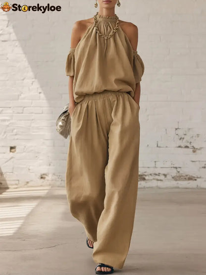 Halter Top & Wide Leg Pants 2-Piece Set | Ultimate Comfort & Style - Khaki / XS