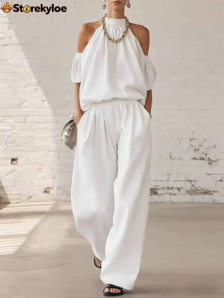 Halter Top & Wide Leg Pants 2-Piece Set | Ultimate Comfort & Style - White / XS