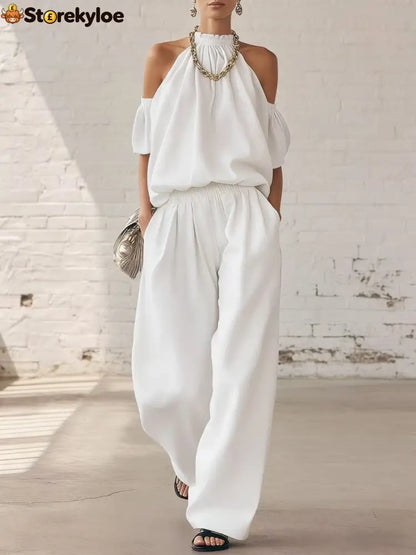 Halter Top & Wide Leg Pants 2-Piece Set | Ultimate Comfort & Style - White / XS