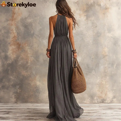 Halter V-Neck Linen-Blend Maxi Dress