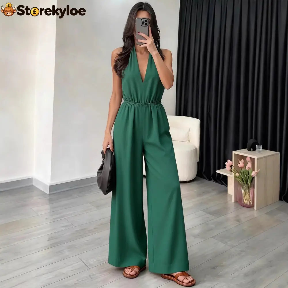Halter Wide-Leg Jumpsuit - Green / S