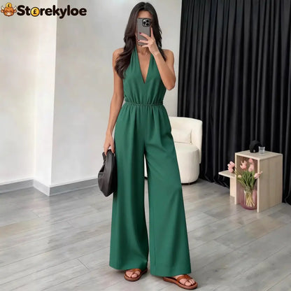 Halter Wide-Leg Jumpsuit - Green / S