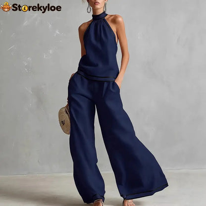 Halterneck Sleeveless Wide-Leg Pants Suit For Women