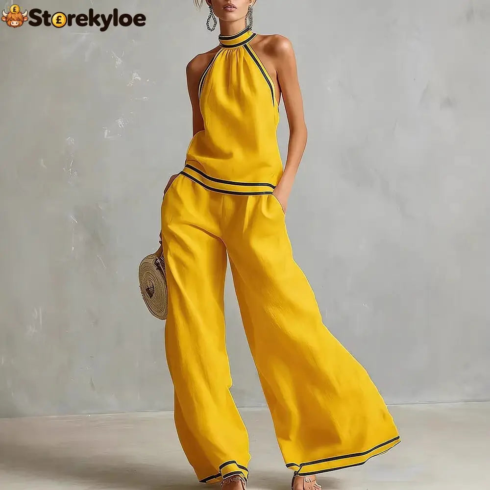 Halterneck Sleeveless Wide-Leg Pants Suit For Women