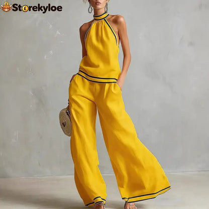 Halterneck Sleeveless Wide-Leg Pants Suit For Women