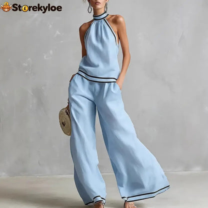 Halterneck Sleeveless Wide-Leg Pants Suit For Women