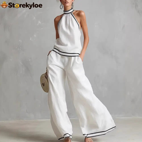 Halterneck Sleeveless Wide-Leg Pants Suit For Women