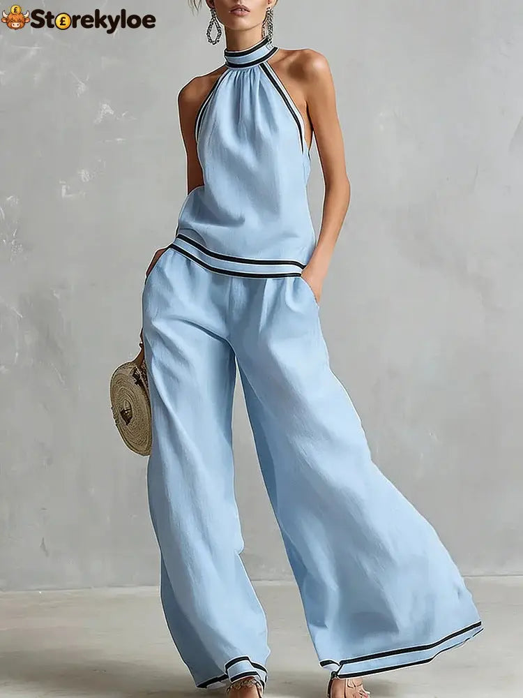 Halterneck Sleeveless Wide-Leg Pants Suit For Women - Blue / S