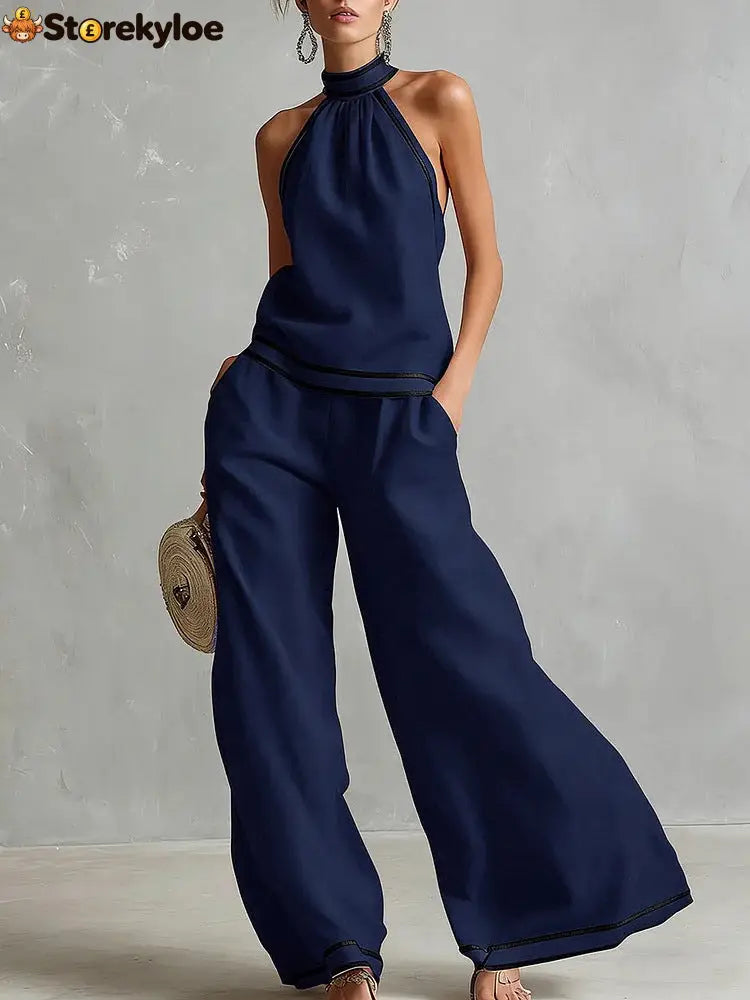 Halterneck Sleeveless Wide-Leg Pants Suit For Women - Dark blue / S
