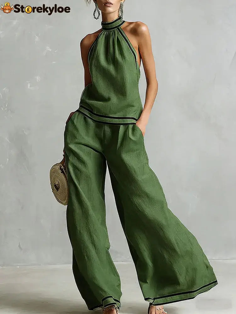 Halterneck Sleeveless Wide-Leg Pants Suit For Women - Green / S