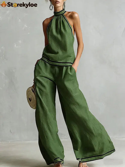 Halterneck Sleeveless Wide-Leg Pants Suit For Women - Green / S