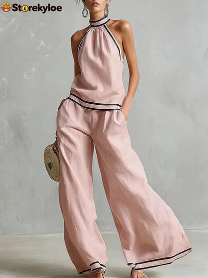 Halterneck Sleeveless Wide-Leg Pants Suit For Women - Pink / S