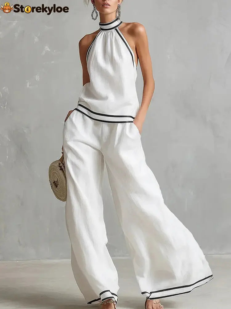 Halterneck Sleeveless Wide-Leg Pants Suit For Women - White / S
