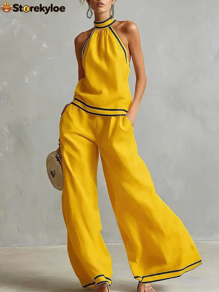 Halterneck Sleeveless Wide-Leg Pants Suit For Women - Yellow / S