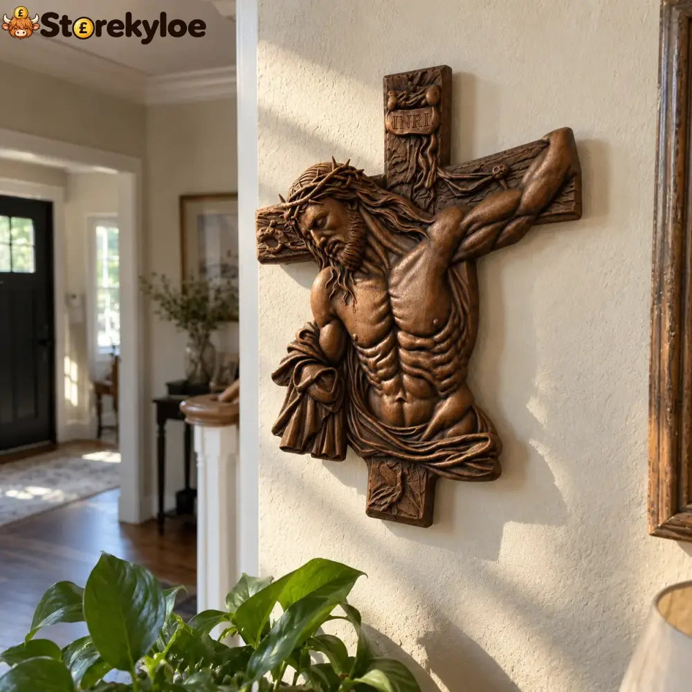 Hand-Carved Beech Wood Crucifix – Jesus Christ Wall Cross - 10’’