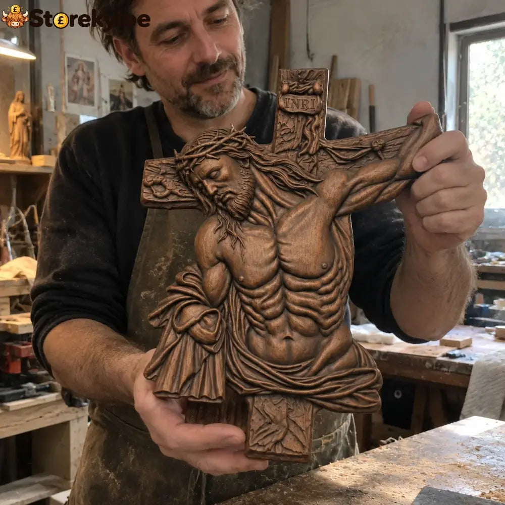 Hand-Carved Beech Wood Crucifix – Jesus Christ Wall Cross - 10’’