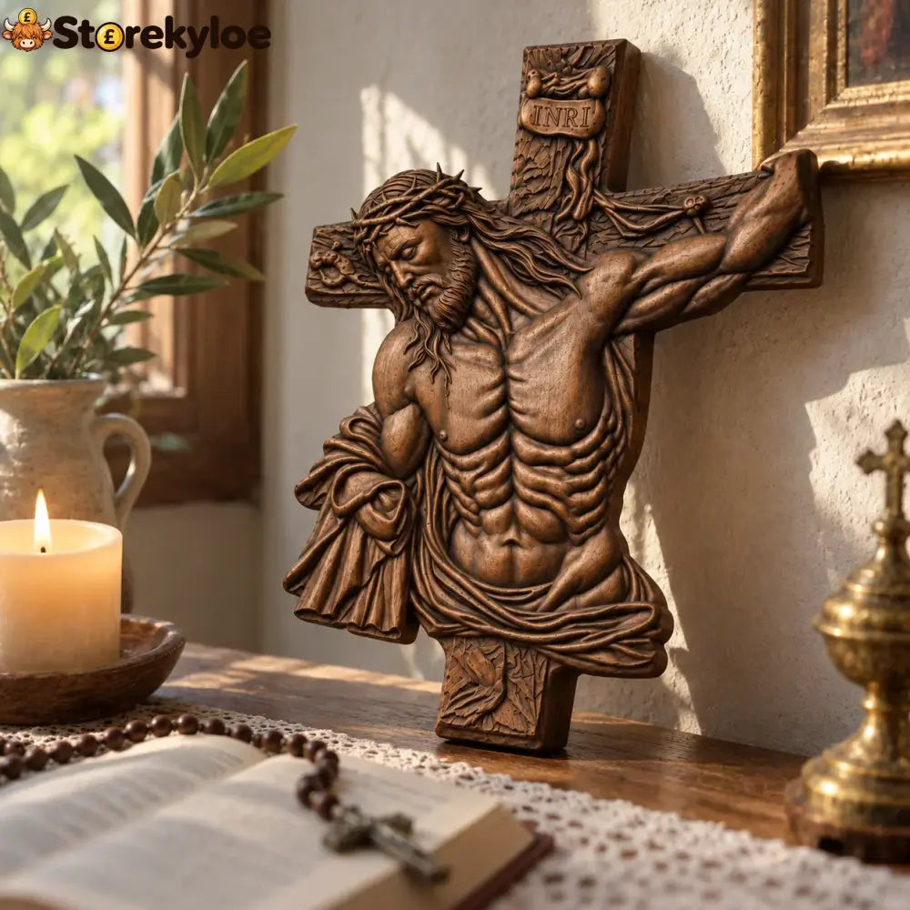 Hand-Carved Beech Wood Crucifix – Jesus Christ Wall Cross - 10’’
