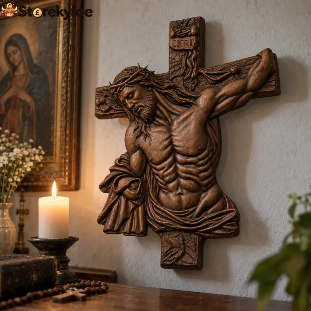 Hand-Carved Beech Wood Crucifix – Jesus Christ Wall Cross - 10’’