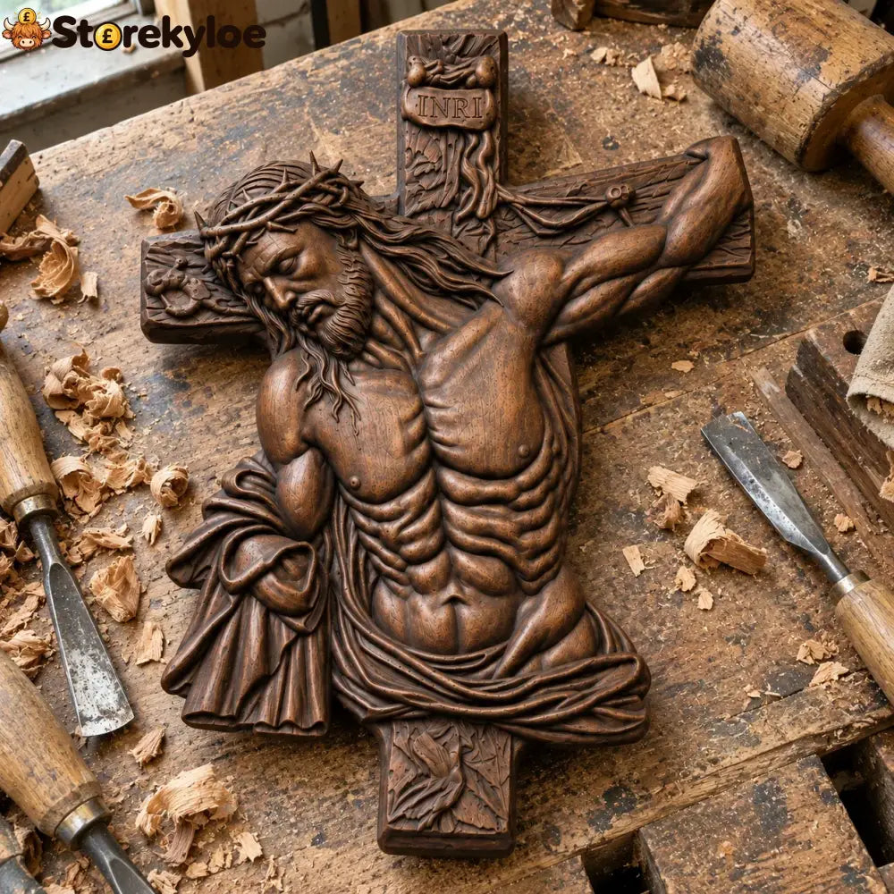 Hand-Carved Beech Wood Crucifix – Jesus Christ Wall Cross - 10’’